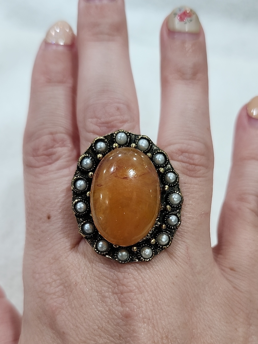Vintage-Inspired Gold and Amber Statement Ring with Faux Pearl Halo